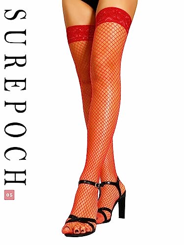 Image of SUREPOCH Lace Top Fishnet Thigh High Stockings Silicone Top Stay Up Tights for Women
