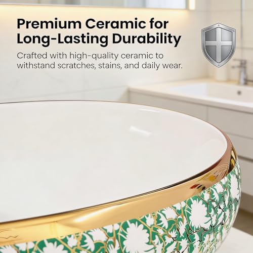 Image of Wallace Designer Oval Table Top Wash Basin 60x40x15 cm | Green & White Floral Ceramic Countertop Vessel Sink with Gold Rim | Luxury Above Counter Bathroom Vanity Basin