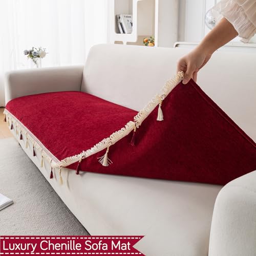 Image of HOKIPO 'Serenity Tassel' Chenille Sofa Cover 3 Seater and 2 Seater with Tassels | Crimson Ruby (IN-891 + IN-892 - MRN)