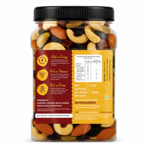 Image of NUTRI HARVEST Premium Dry Fruits Mix pack (Panch Mewa Mix), Natural Blend of Almonds, Cashews,Black and green Raisins and diced Dates| Fit for Fasting 250 gram| (Re-sealable pack for freshness)