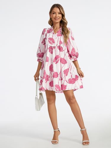 Image of EZAPINE Women Floral Babydoll Mini Dress V Neck 3 /4 Puff Sleeves A Line Flowy Swing Summer Sun Dresses