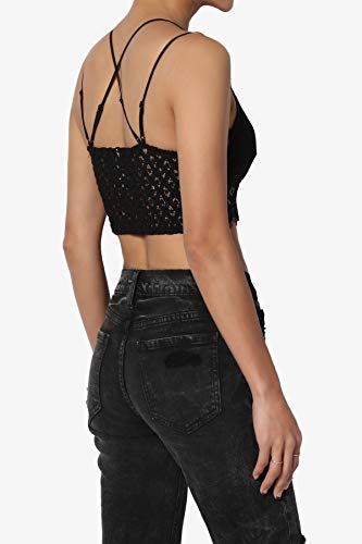 Women's Cross Strap & Stretchy Smocked Back Crochet Lace Bralette Pad Bra Top Black L - Image 4