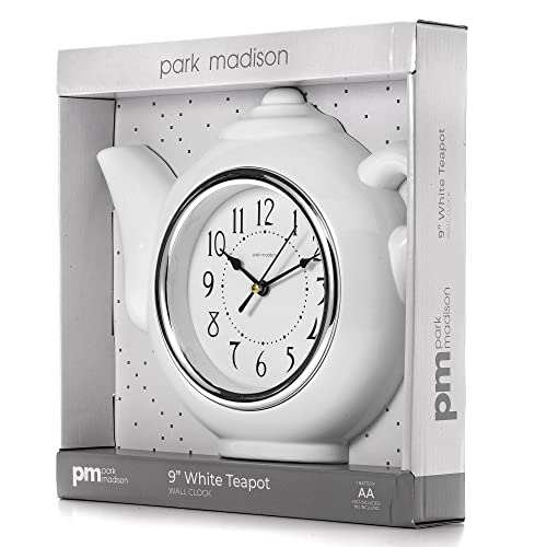 Park Madison Teapot 9 Inch Quality Quartz Battery Operated 3-D Easy To Read Home/Office/Kitchen/Classroom/School Clock Classic Movement, White (13903) #TOP1