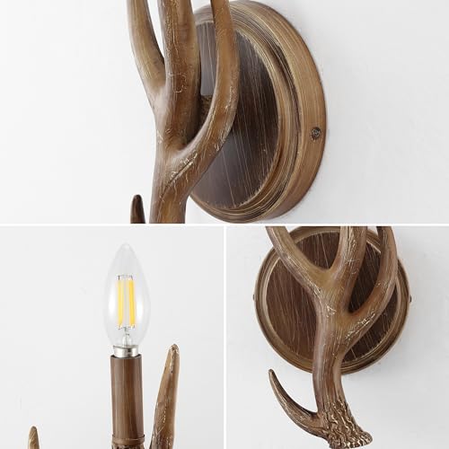 Image of JONATHAN Y 5.5 inch Brown 1-Light Wood Finish Faux Antler LED Vanity Light Set of 2, Rustic Wall Sconces for Bathroom Mirror Hallway, Southwestern Farmhouse Decor, LED Bulbs Included JYL6307A-SET2