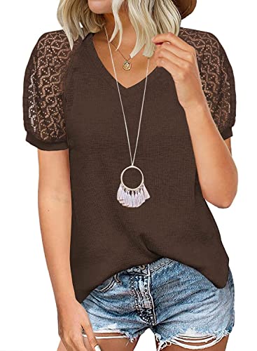 Owbb Damen Tshirt Kurzarm V-Ausschnitt Elegant Waffel und Lace Ärmel Ausschnitten Bluse Casual Tops Loose Tunika (Braun/XL) Cover