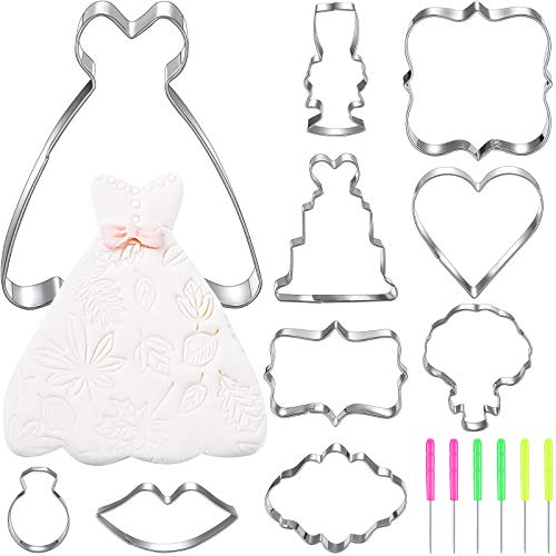 16 Pieces Wedding Cookie Cutter Set includes Heart Diamond Ring Wedding Cake Wedding Dress Bouquet Lips Wedding Wine Glass Rectangle Square and Oval Cookie Cutters and Sugar Stirring Pin