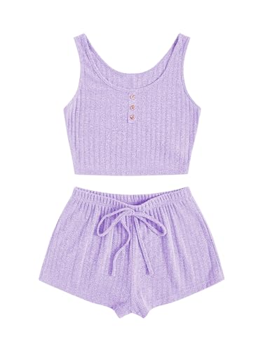 Image of SOLY HUX Women's Button Front Ribbed Knit Tank Top and Shorts Pajama Set Sleepwear Lounge Sets