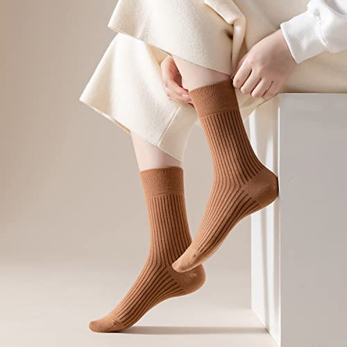 Yomutiur Cotton Crew Socks, Women's Striped Textured Ribbed Knit Boot Socks 5 Pairs (Size for 5-10)4