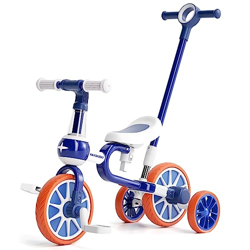 FAYDUDU 5 in 1 Toddler Bike Baby Trike with Parent Handle Bike for 2 Year Old Kids Tricycles for 2-4 Year Old Birthday Gift & Toys for Boy & Girl, Balance Training, Removable Pedals (Blue)