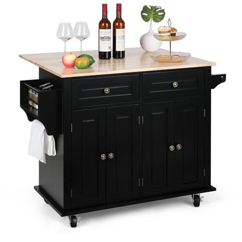 VOWNER 43" Kitchen Island with Drop Leaf, Island Table Kitchen with Storage, Father (Black, 29.5" D x 43.3" W x 32.5" H)