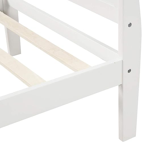 Miniatura 8 de Cama de plataforma de madera, marco de cama individual con cabecero, estribo y soporte de 10 tablones de madera, no necesita somier (blanco)