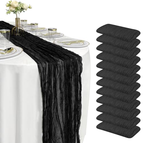 12 Pack 10FT Cheesecloth Table Runner 120 Inch Rustic Boho Gauze Cheese Cloth Table Runner for Wedding Baby Shower Bridal Shower Birthday Party Home Decorations (Black, 10ft x 12pcs)