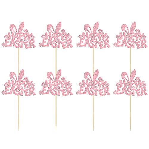 Gyufise 24Pcs Easter Cupcake Toppers Pink Glitter Bunny Ear Cake Decorations For Happy Easter Themed Baby Shower Kids Birthday Party Supplies #TOP2