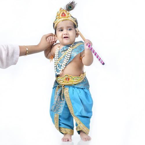 Image of ITSMYCOSTUME Krishna Dress for Baby Boy Kids Set of 10(Dhoti,Hip Cover,Patka,Mukut,Morpankh,Bansuri,Kamarband,Bajuband,Kundal) Little Krishna Ji Kanha Janmasthmi Costume