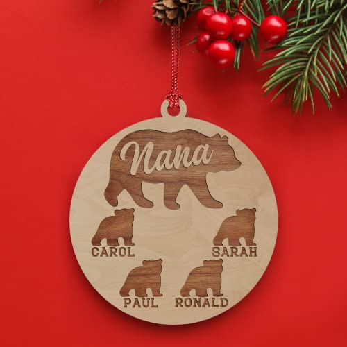 Personalized Nana Bear Christmas Ornaments Up to 5 Cubs - Christmas Tree Ornament 2023 - Laser Engraved Plywood Ornament with Names - Custom Ornament for Family, Grandma Gifts for Xmas