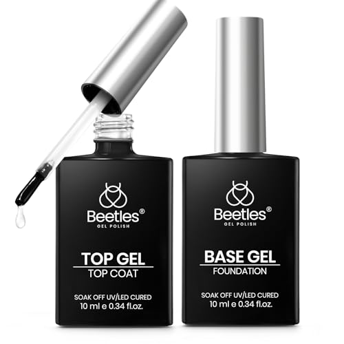 Beetles Gel Base and Top Coat Set, 2pcs 10ml Shine Finish and Long Lasting Top Coat Gel Nail Polish, Soak Off LED Nail Lamp Nail Polish Art Design Home DIY Manicure Gifts for Women