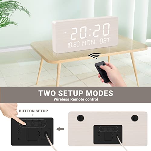 Andoolex Wooden Digital Wall Clock With Remote Control, 5 Levels Adjustable Brightness, Clear Led Display With Date, Week, 12/24Hr, And Indoor Temperature Alarm Clock For Home/Office/Warehouse (White) #TOP4