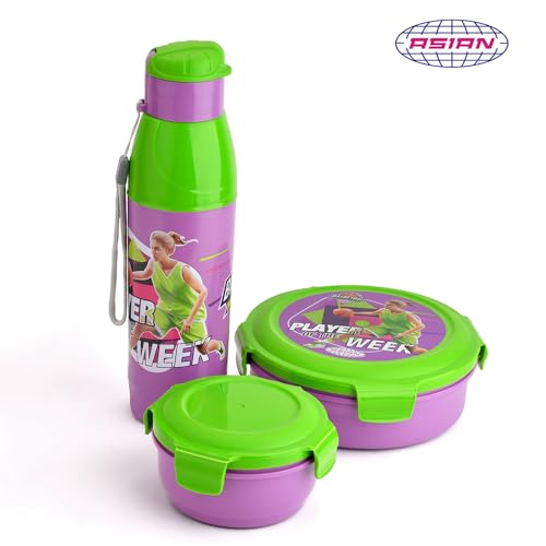Image of Asian Plastowares Little Champions 3-in-1 Insulated Lunch Box Set for Kids | 700ml Steel Tiffin, 500ml Water Bottle | Leakproof, BPA Free | Green & Violet | Must-Have Back to School Set