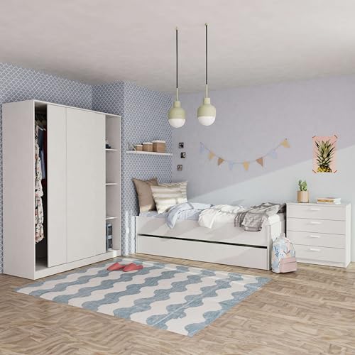 Miroytengo Pack Muebles Dormitorio Juvenil Tibet Estilo Contemporáneo en Color Blanco Mate (Cama 105x190 cm + Armario + Cómoda)
