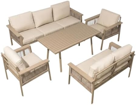 Aluminium Garden Furniture Set 7 Seater Beige Outdoor Patio Sofa ...