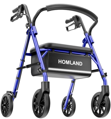 Image of HOMLAND Foldable Walkers for Seniors with Seat, 16lb Light Rollator Walkers | 22 inch Wide, 5-Level Height Adjustable, for Narrow Spaces, Comfortable Elastic Seat, Portable Rollator, Stylish Colors, Blue