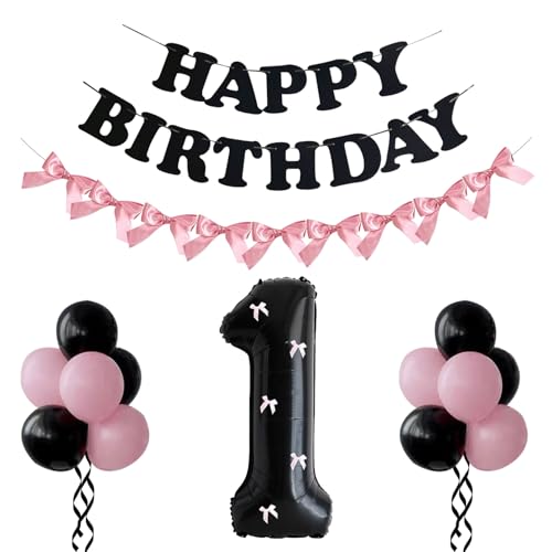 Image of PLAP Birthday Number Balloon Bow Black Party Supplies 32 inchBirthday Number Decoration (Pink black number set 1)