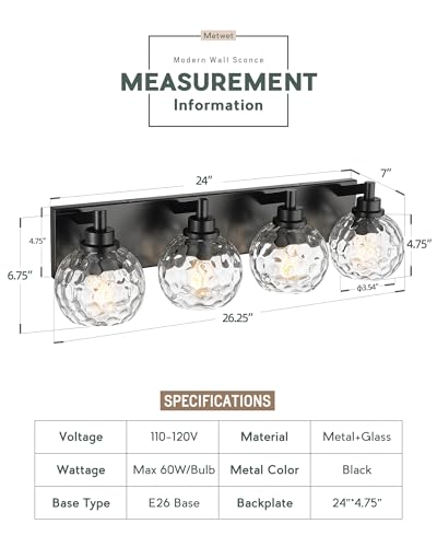 Image of Bathroom Light Fixtures Over Mirror, 26 inch Matte Black Vanity Light with Clear Hammered Glass Globe Shade, 4-Light Modern Sconces Wall Lighting for Bedroom Hallway, VL200-MB-CL-4