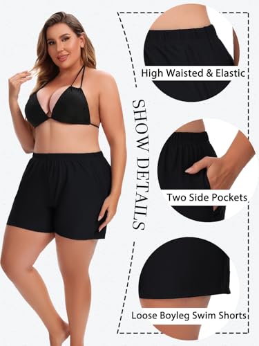 Women's Plus Size Swim Shorts High Waisted Bathing Suit Bottoms Long Swimsuit Board Short Tankini Trunks with Pocket3