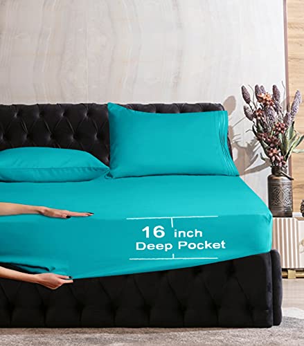 Image of Mocassi King Sheet Set - Luxury Hotel 1800 Premier Bedding Sheets & Pillowcases - Ultra Soft Breathable & Cooling Bed Sheets - Deep Pocket - Wrinkle Resistant - 6 Piece Set - King, Teal