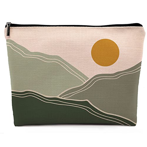 Dwept Abstract Boho Green Mountains Sun Cosmetic Bag, Bohemia Mid Century Modern Makeup Bag Zipper Cosmetic Pouch Bag Travel Linen Makeup Organizer, Boho Gifts for Women Her Teen Girls Teens