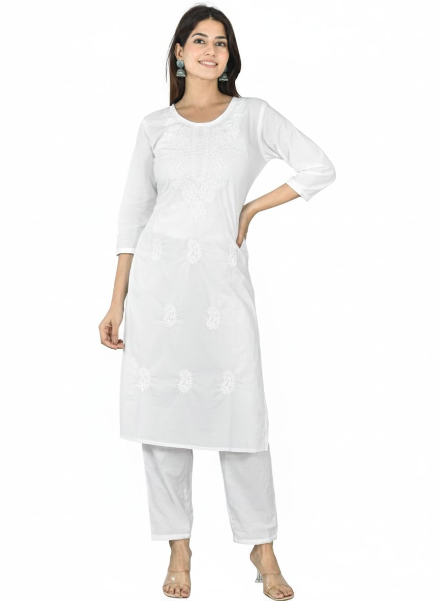 Vrnda Ensemble Kurta Pantalon Chikankari Blanc et Noir pour Femme – Costume Indien Fait Main, Salwar Kameez Bicolore