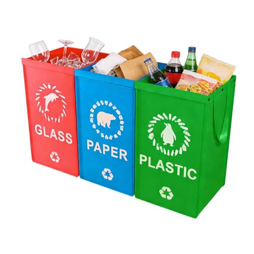 Bolsas Grandes Reutilizables Para Reciclaje - Organizador Tejido para Clasificación - 3 Unidades Impermeables Grandes Con Asa - Para Cubos De Basura Cocina Oficina Jardín