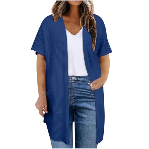 Womens Plus Size Cardigan Summer Short Sleeve Waffle Knit Kimonos Casual Lightweight Open Front Tops Soft Cover Ups