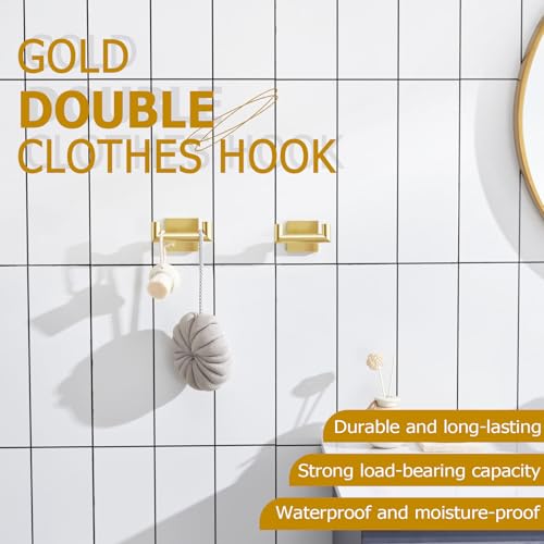 Image of KOKOSIRI Robe Hooks Bathroom Double Towel Coat Hook for Bath Kitchen Wall Mounted, 2 Pack Brushed Gold Stainless Steel B1015BG-P2