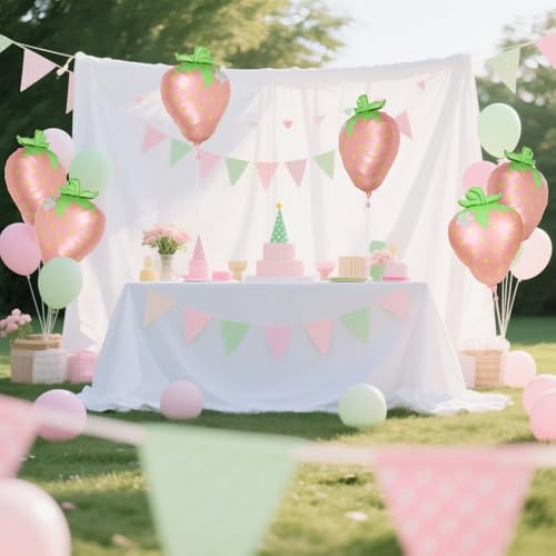 Image of Sweet Fruit Cartoon Strawberry Foil Balloon, Matte Pink Spring Summer Themed Picnic Berry Balloons For Baby Shower Wedding Valentine's Day Gender Reveal Birthday Party Decoration Supplies