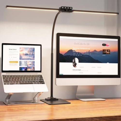 Image of 24W Led Desk Lamps with Base for Office Home, 31.5-in Double Head, Black | Dual Screen Computer Monitor Desk Light,Dimmable 4 Colors, Eye Care Architect Table Light for Working Reading Drafting