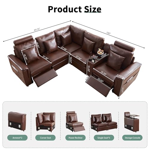 Image of RARZOE Faux Leather Sectional Sofa with 2 Power Recliner, L Shaped PU Leather Couch with Storage Console Charging Cup Holders, 5 Seater Oversized Modular Reclining Couches for Living Room,Brown
