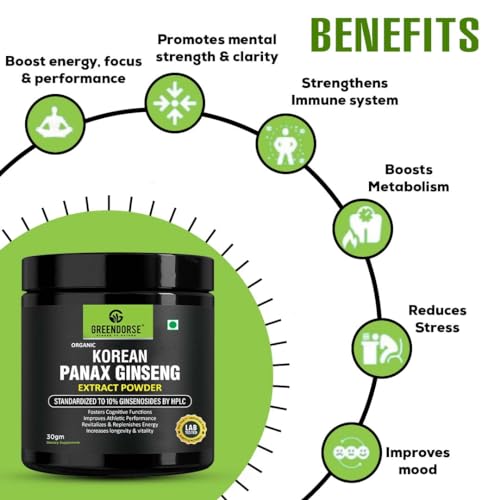 Image of GREENDORSE Organic Korean Panax Ginseng Extract Powder |10% active Ginsenosides by HPLC | Lab tested| Immune & Cognitive support, Boosts Energy, Stamina, Vegan Friendly-30g
