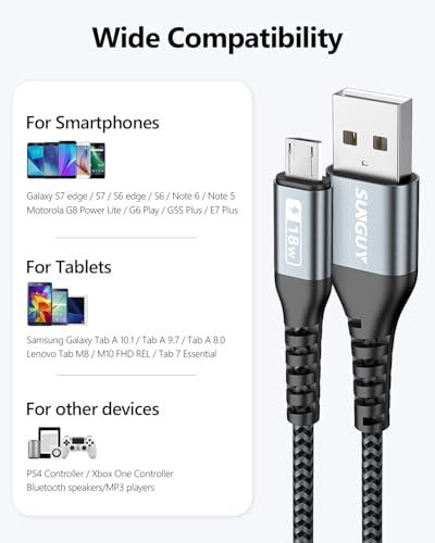 Image of SUNGUY Micro USB Cable 1FT[3Pack] Short Braided USB 2.0 Micro Fast Charging and Data Sync Cord for Samsung Galaxy S7 Edge S6,Moto G5 G5S Plus,Sony Xperia Z3 Z5(Gray)