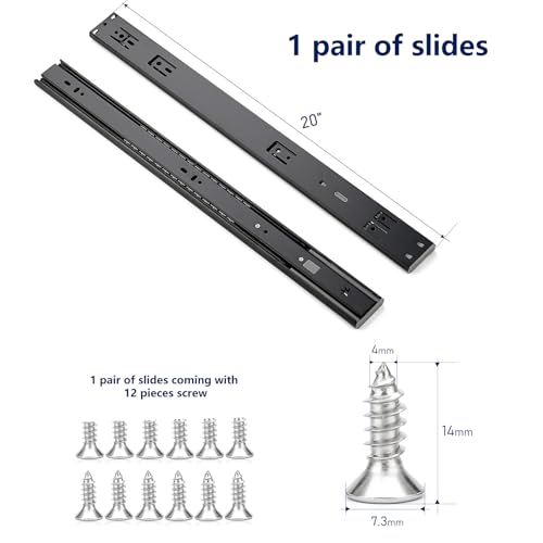 Image of Ravinte 20 Inch Soft Close Drawer Slides 1 Pairs 2 Pack Black Full Extension Ball Bearing Drawer Glide Side Mount