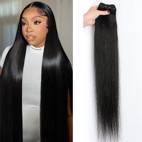 16A Brazilian Straight Human Hair Bundle, 40 Inch Raw Virgin Remy Hair Extensions, Single Bundle Double Weft, 100% Unprocessed, No Shedding, Natural Black