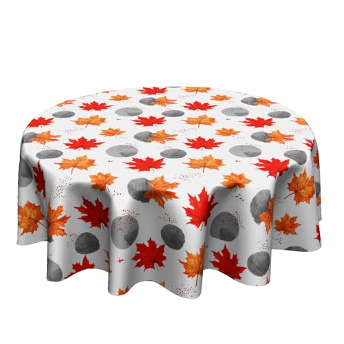 Granbey Fall Tablecloth Round 60 Inch - Autumn Maple Leaf Table Cloth Stone Dots Table Cover Fall Decorations for Kitchen Dining Seasonal Thanksgiving Farmhouse