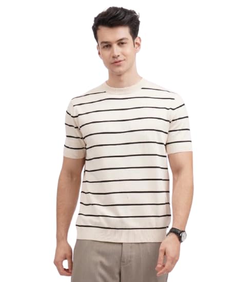 waastra Men's Striped Short Sleeve Knit Sweater, Crew Neck Pullover, Lightweight Cotton Summer Casual Top, Cream and Yellow (in, Alpha, XS, Regular, White)-picture-44