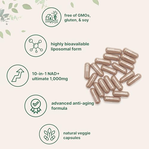 liposomal nad ultimate 1000mg  60 veggie capsules  nmn pathway formula  10-in-1 with resveratrol glutathione amp astaxanthin  nad supplement for women amp men  anti-aging energy amp brain support