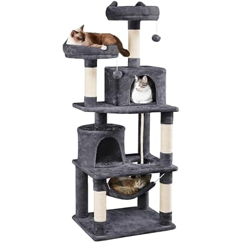Yaheetech 62.5in Tall Cat Tree w/2 Cat-Ear Perches & 2 Condos, Dark Gray