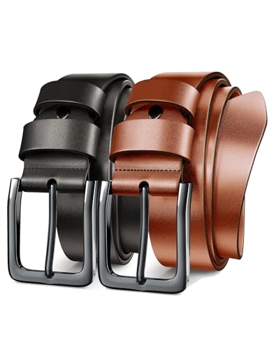 Papaanils Black Leather Belt,Tan Genuine Mens Leather Cognac Belt, Size Adjustable, Length110cm Pack(blk+tan)