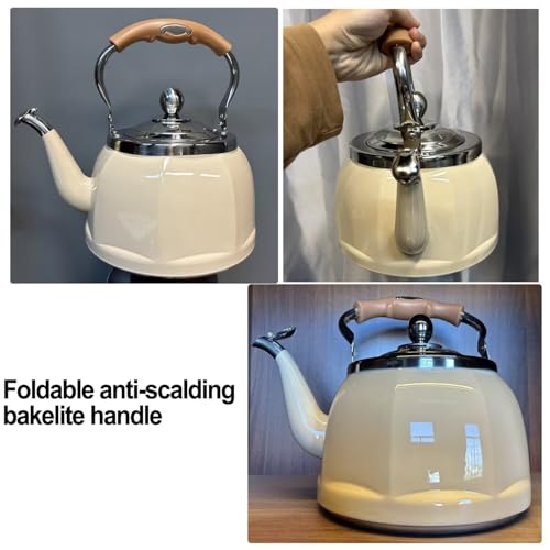 Hervidor de Acero Inoxidable 304 para Estufa, Color Crema, 4 Litros, con Silbato y Mango Plegable de Baquelita