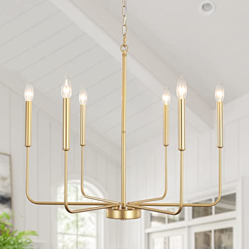 Kostomo Gold Chandelier 6-Light Farmhouse Chandelier Lighting Fixture, Linear Pendant Light Dining Room Chandelier Over Table For Bedroom Kitchen Island Living Dining Room, Antique Gold Finished #TOP23