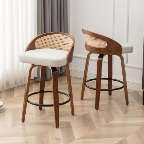 Image of Swivel Rattan Bar Stools with Back Beige Linen Fabric Bar Height Stools 3PC