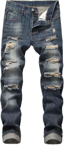 Men's Ripped Distressed Straight Leg Jeans Stretch Slim Fit Biker Jeans Casual Fashion Vintage Denim Pants